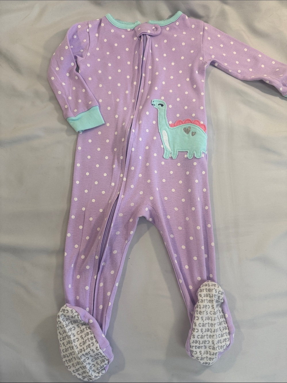 Carter's Purple Polka Dot Footed One-Piece with Mint Dino Accent